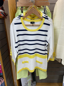 Marble - Round Neck classic fit sweater - White with Yellow & Navy