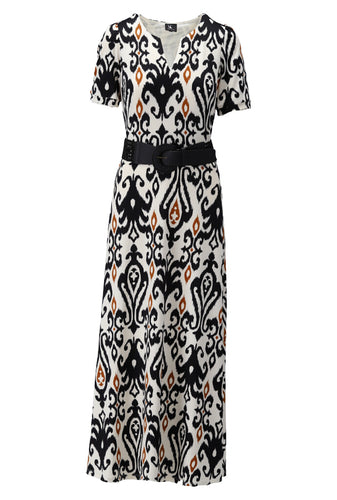 K Design - Shortsleeved Dress with Belt - Black, Cream & Tan Print