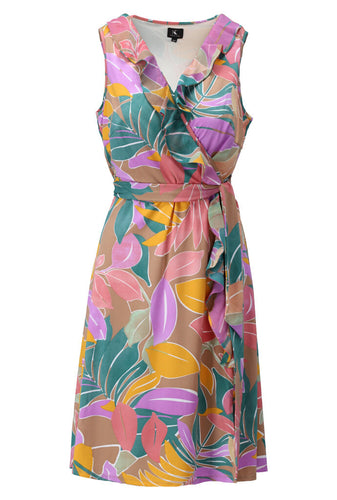 K Design - Sleeveless Dress with Frill - Muted Green & Pink Print