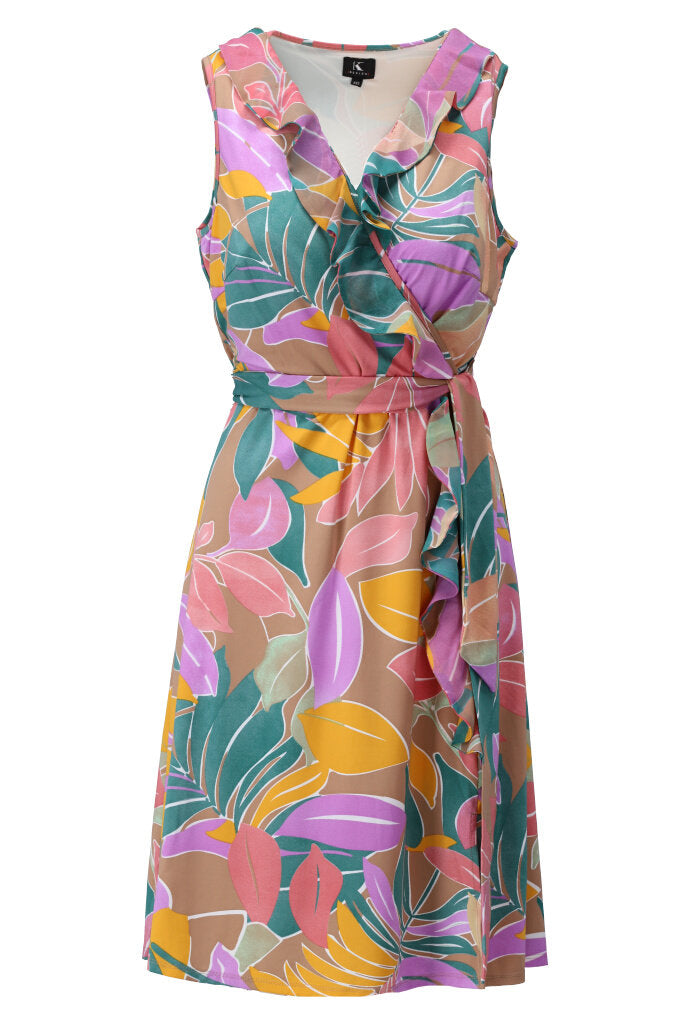 K Design - Sleeveless Dress with Frill - Muted Green & Pink Print